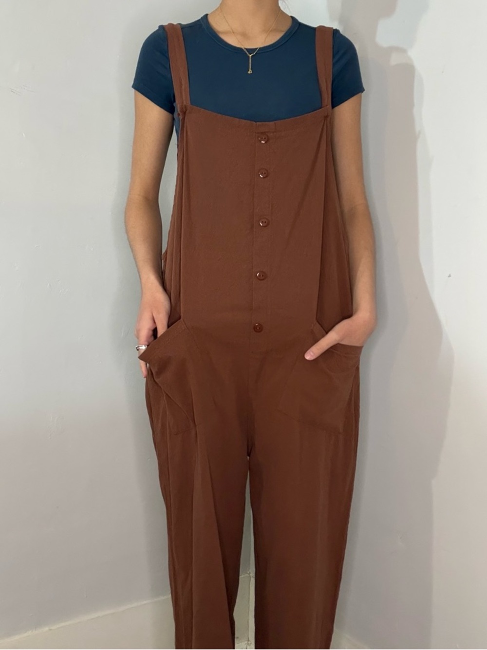 AEDVOOUER Rust Brown Wide-Leg Button-Front Jumpsuit